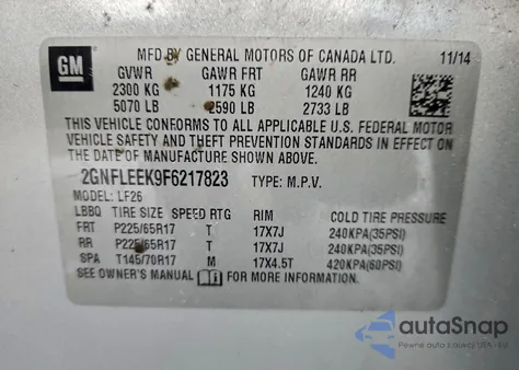 2015 Chevrolet Equinox Ls z USA, uszkodzony, nr VIN 2GNFLEEK9F6217823